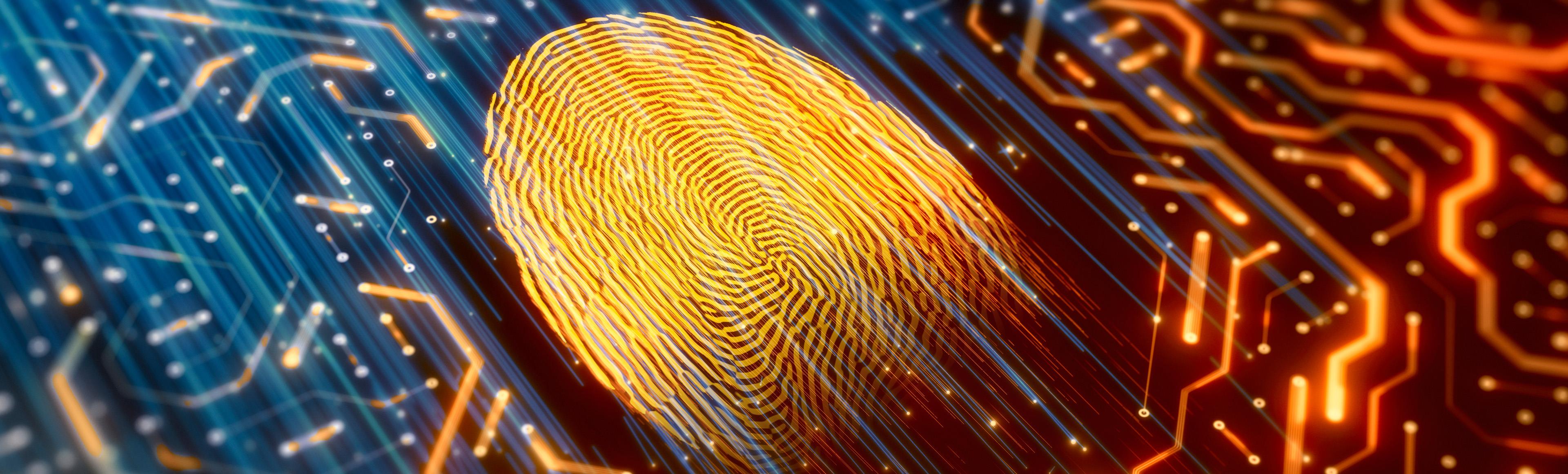 orange fingerprint on digital blue and orange motherboard